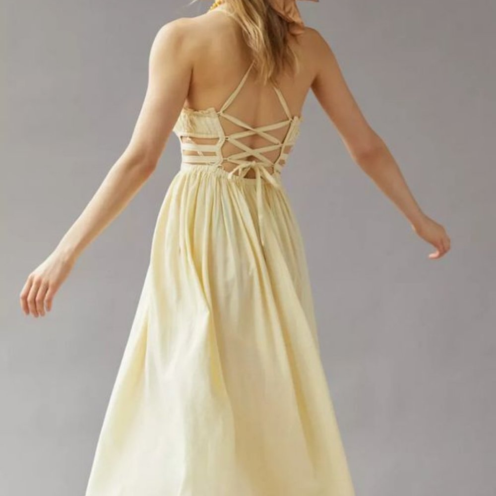 UO Cora Linen Open Back Midi Dress Adjustable Tie NWT XS - Picture 3 of 4